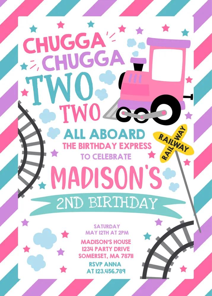Chugga Chugga Two Two Train Birthday Invitation | Editable Canva Template