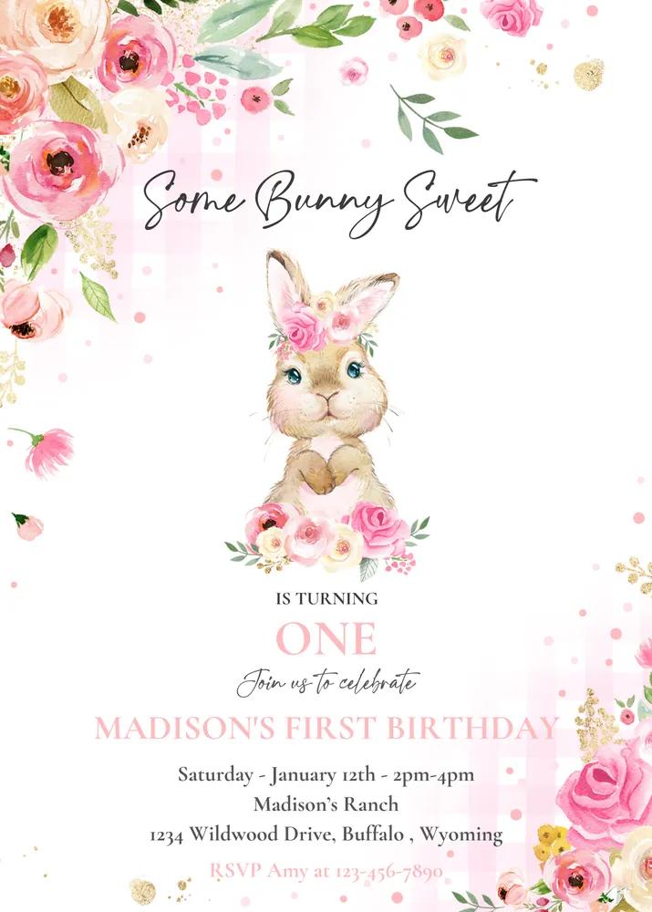 Pink Bunny 1st Birthday Invitation Template, Floral Spring Some Bunny is One
