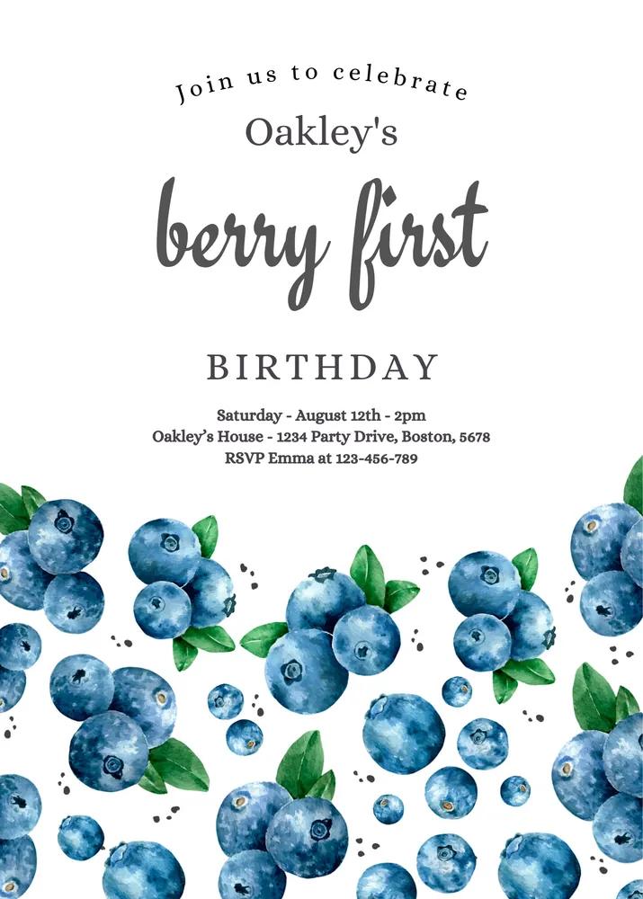 Blueberry 1st Birthday Invitation | Berry Sweet One Editable Canva Template