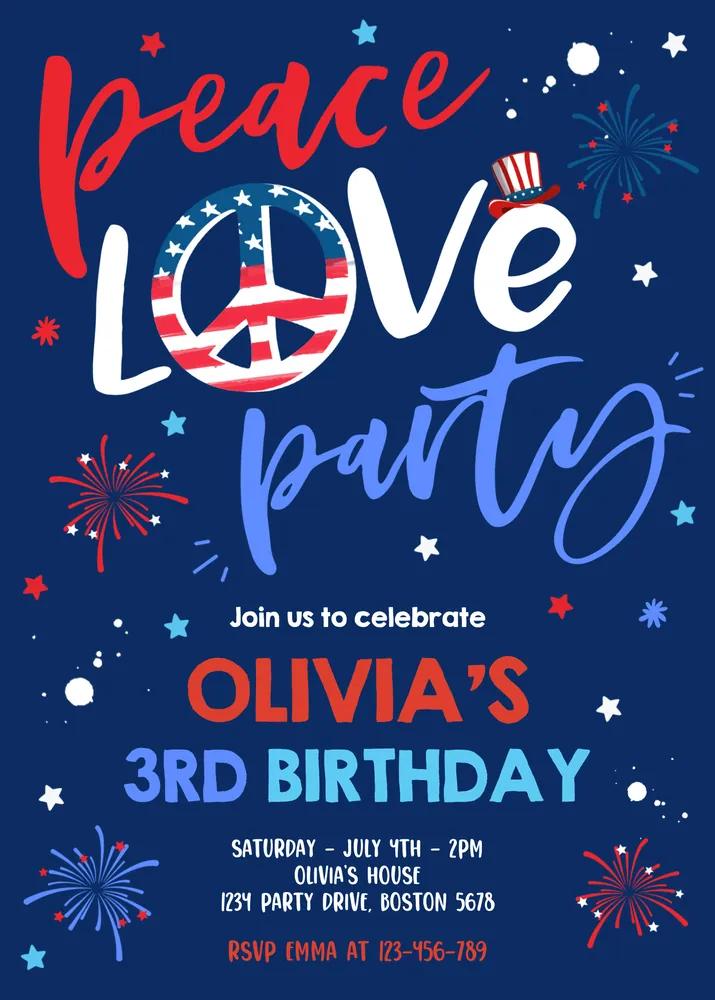 Editable 4th of July Birthday Invitation Peace Love Party Canva Template
