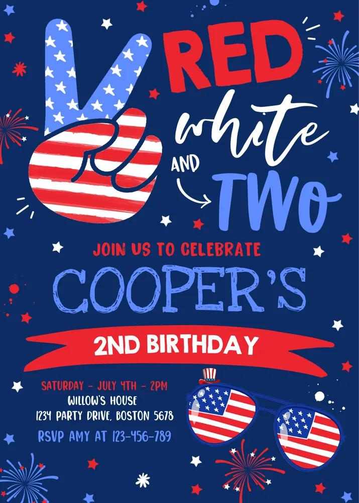 4th of July Birthday Invitation Red White and Two 2nd Birthday Canva Template