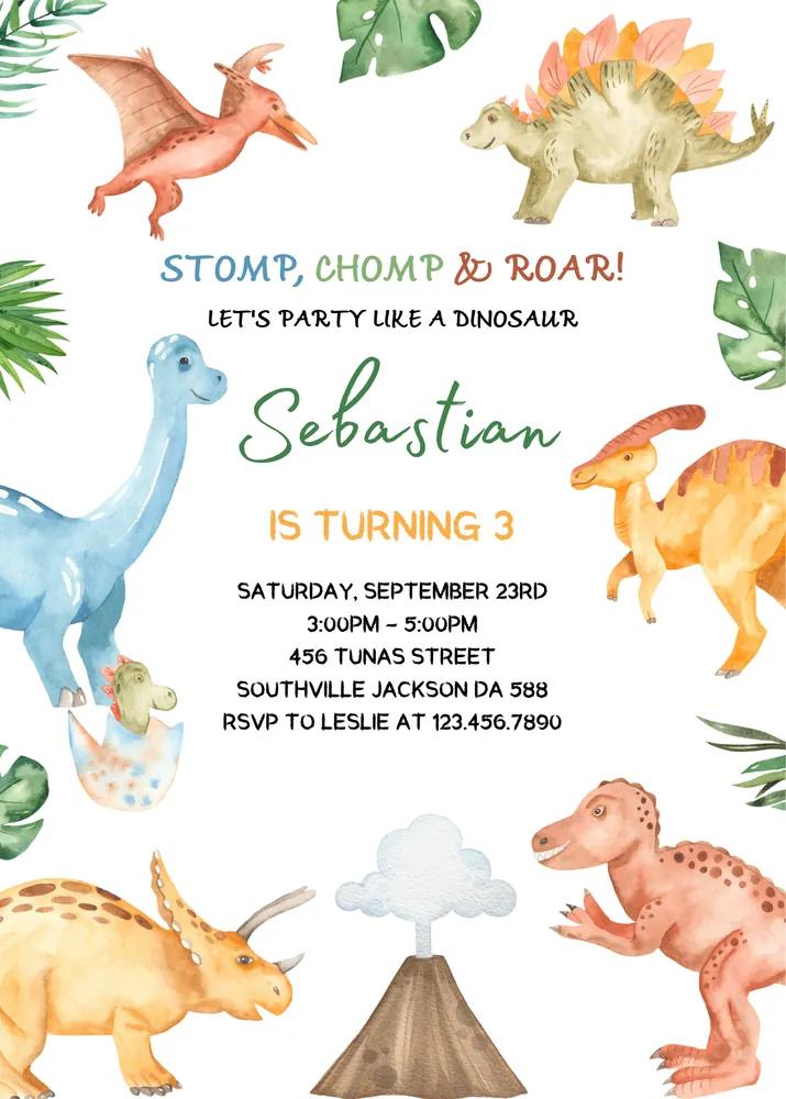 Dinosaur Birthday Invitation Set - Editable Canva Template & Thank You Tag