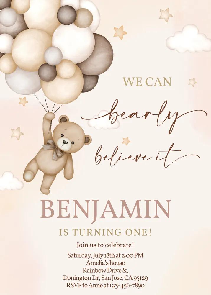 Teddy Bear 1st Birthday Invitation Boho Fall Boy Canva Template