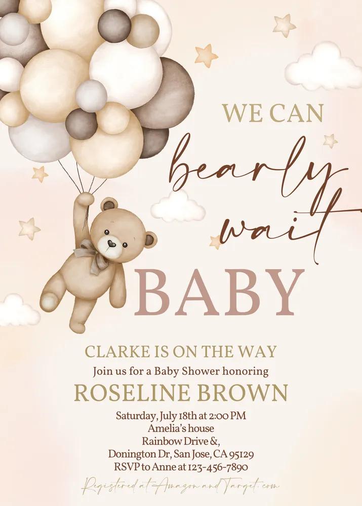 Teddy Bear Baby Shower Invitation Canva Template Boho We Can Bearly Wait