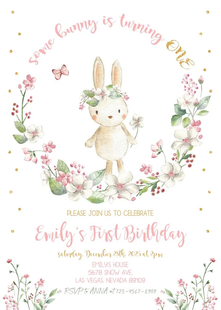 Some Bunny First Birthday Invitation Girl Rabbit Floral Canva Template