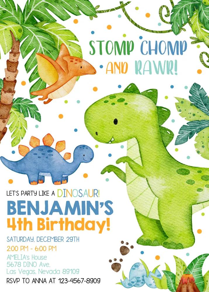 Dinosaur Birthday Invitation Template - Editable Canva Dino Party Invite