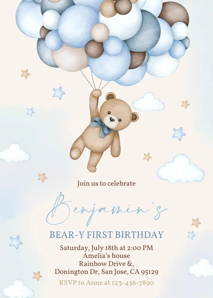 Beary First Birthday Invitation Boy Boho Blue Teddy Bear Canva Template