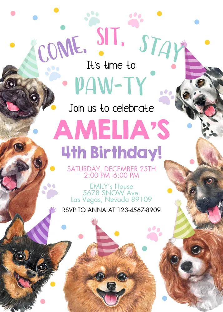 Dog Birthday Invitation | Puppy Pawty Canva Template | Boy Girl Invite