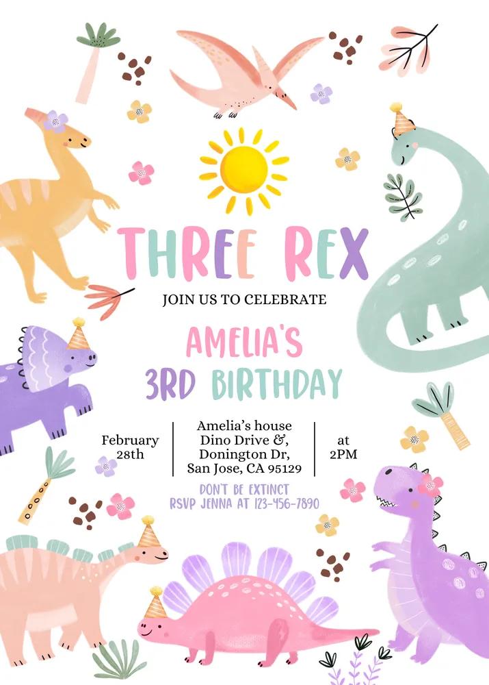Pastel Dinosaur 3rd Birthday Invitation Canva Template, Three Rex Invite