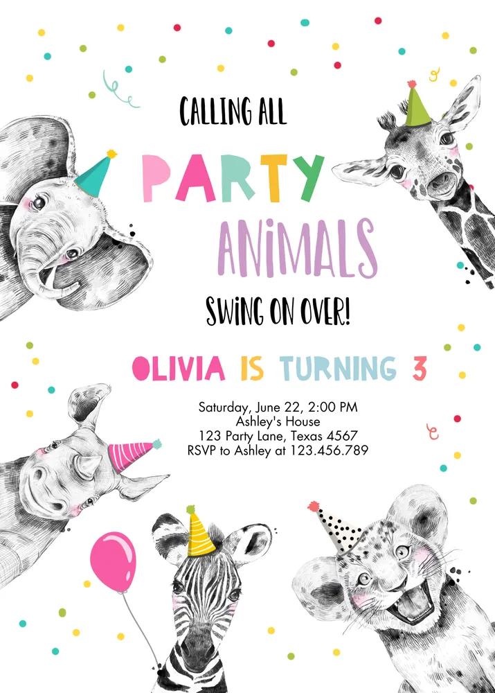 Party Animals Birthday Invitation | Wild One Zoo Safari Girl Canva Template