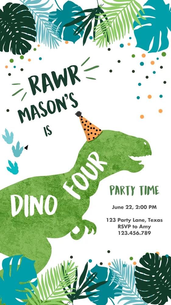 Dino-Four 4th Birthday Invitation | Editable Canva Template T-Rex Boy Evite