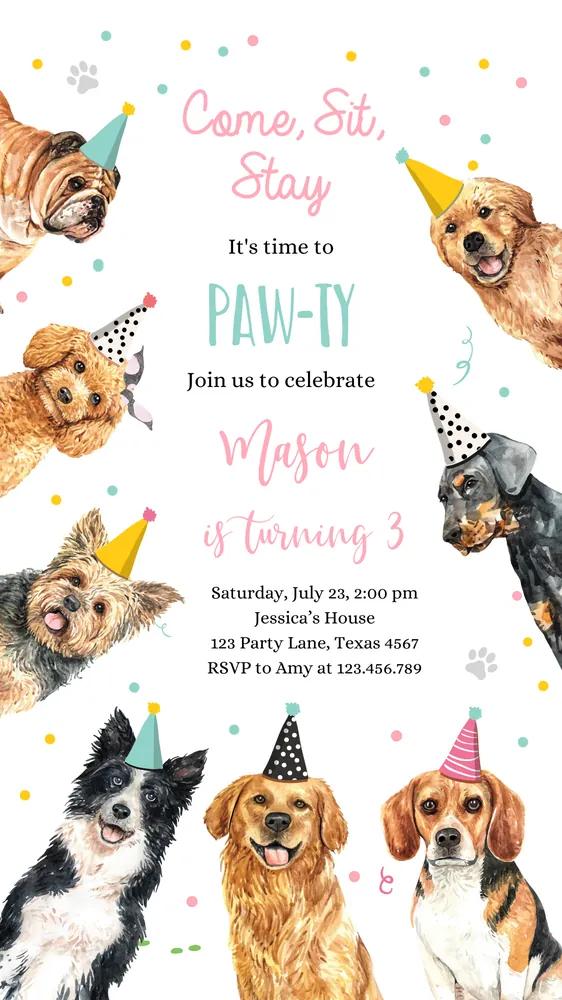 Girl Dog Birthday Party Evite - Pink Puppy Editable Canva Template