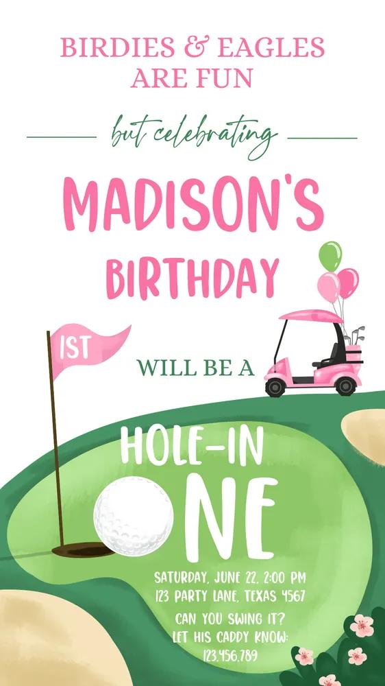 Hole in One Girl 1st Birthday Invite | Pink Golf Par-tee Mobile Evite Template