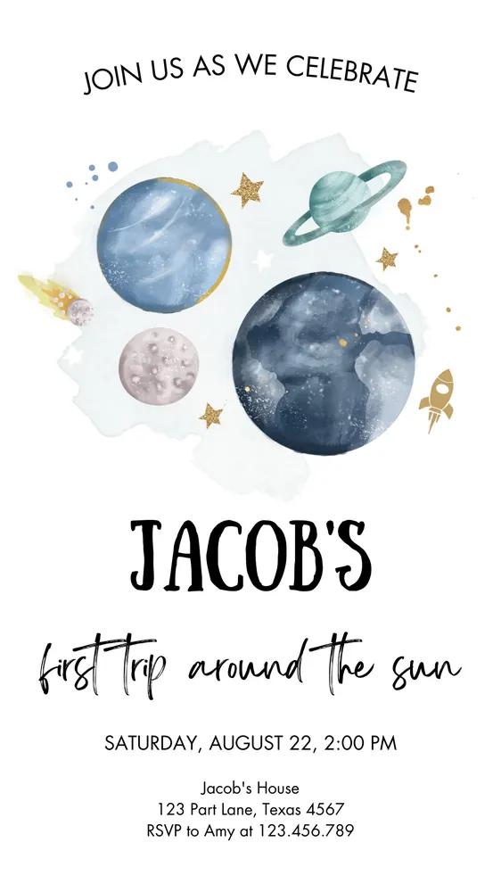 Space 1st Birthday Invite | Galaxy First Trip Around the Sun Canva Template