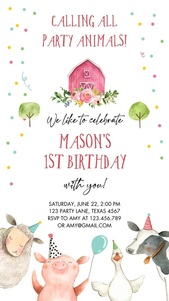 Farm Birthday Invitation Boy Red Barn Animals Canva Mobile Invite Template