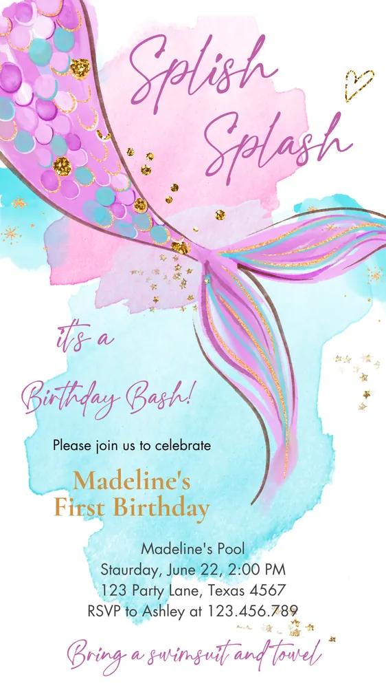 Mermaid Birthday Party Video Evite Editable Canva Template Pink Gold Phone Invite