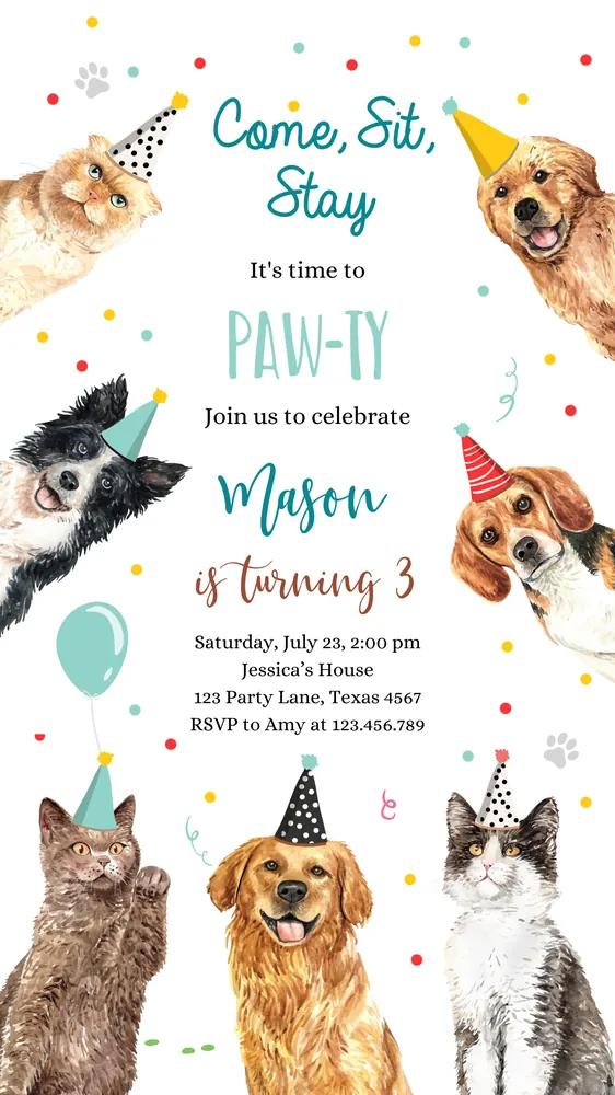 Cats and Dogs Birthday Invitation | Editable Canva Template Puppy Kitten Evite