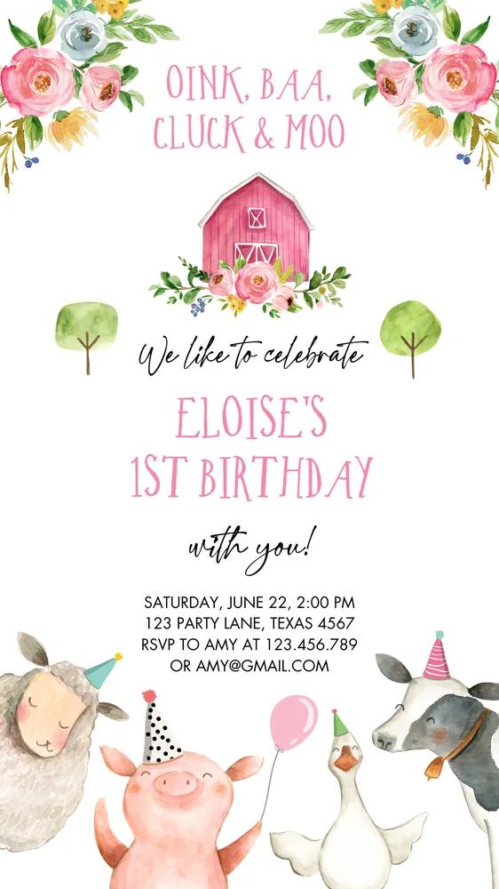 Pink Floral Farm Animals Girl Birthday Phone Invitation Canva Template