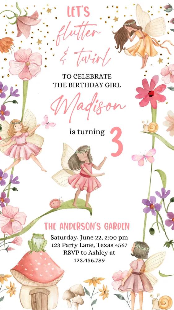 Digital Fairy Garden Birthday Invitation - Editable Canva Template Phone Evite