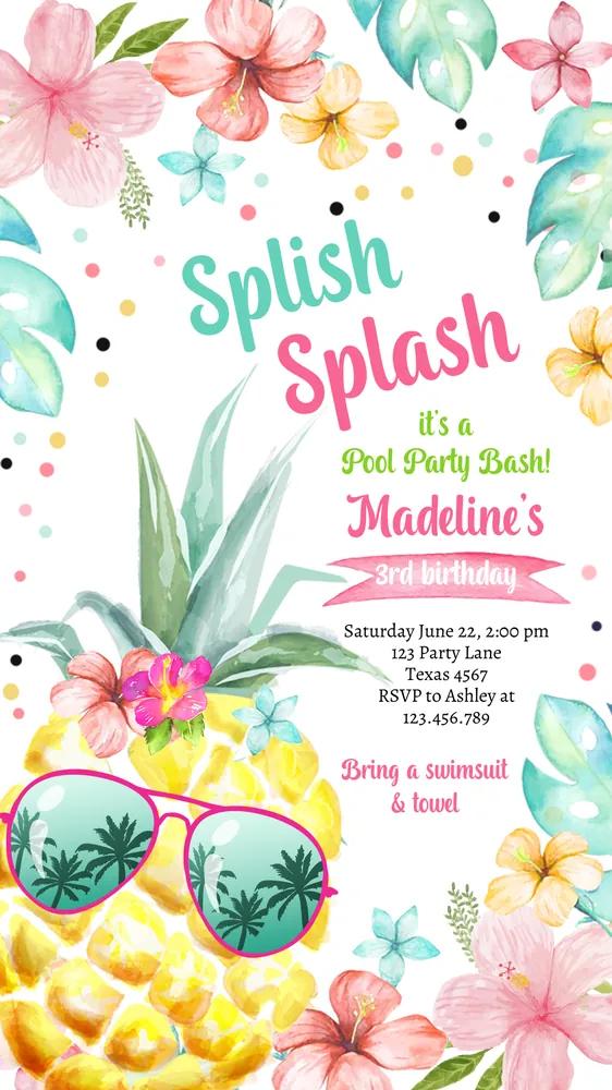 Hawaiian Luau Birthday Evite - Pink Pineapple Girl Pool Party Canva Template