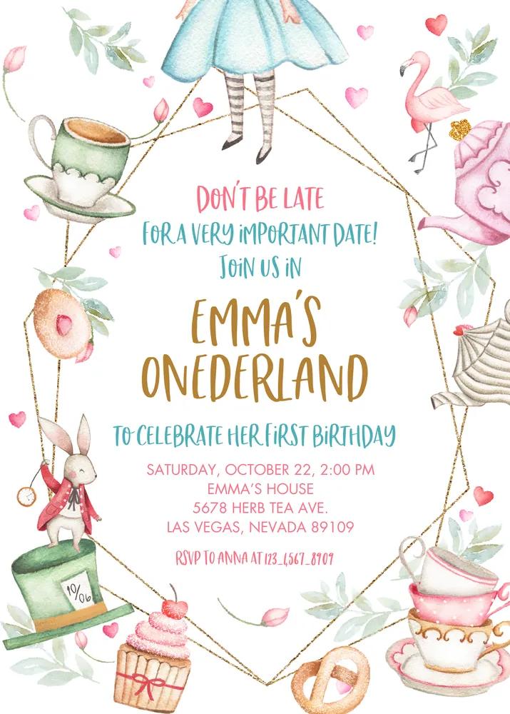 Alice in Wonderland 1st Birthday Invitation, Girl Onederland Canva Template