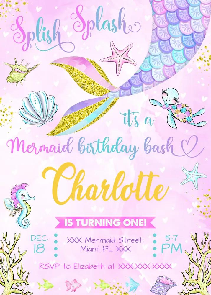 Mermaid Birthday Invitation Template - Editable Canva Instant Download