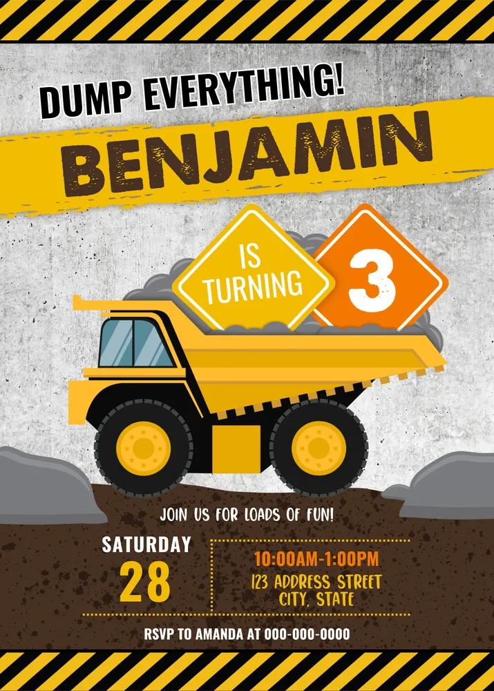 Construction Birthday Invitation | Editable Canva Template | Dump Truck Invite