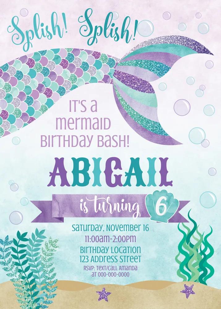 Mermaid Birthday Invitation Template - Editable Canva Invite Instant Download