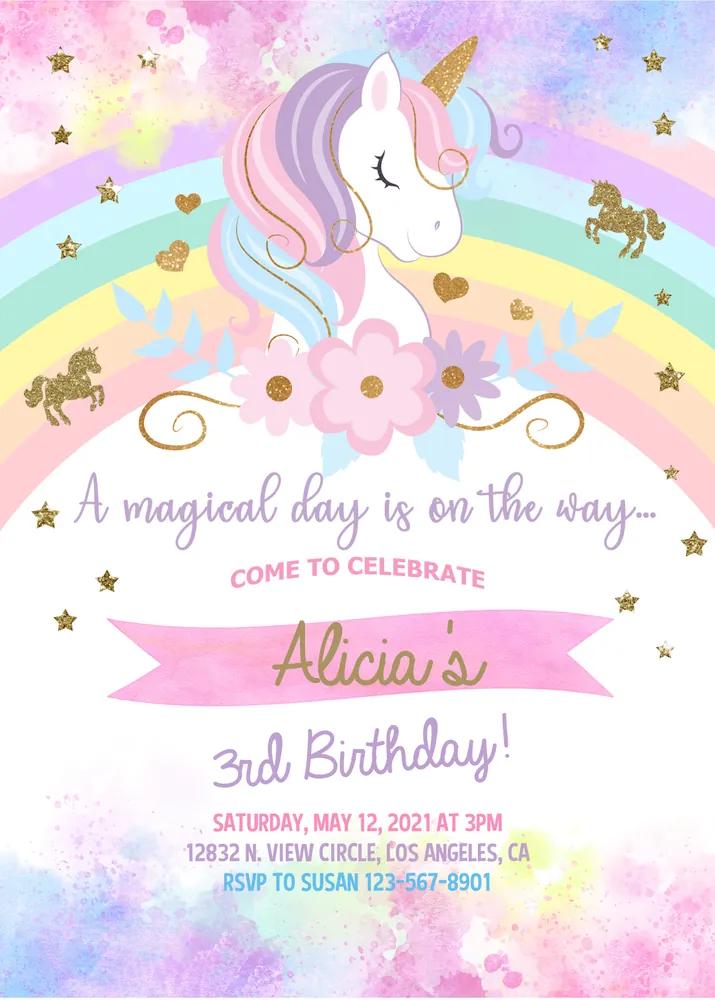 Unicorn Rainbow Birthday Invitation | Girls Party Canva Template | Digital Invite