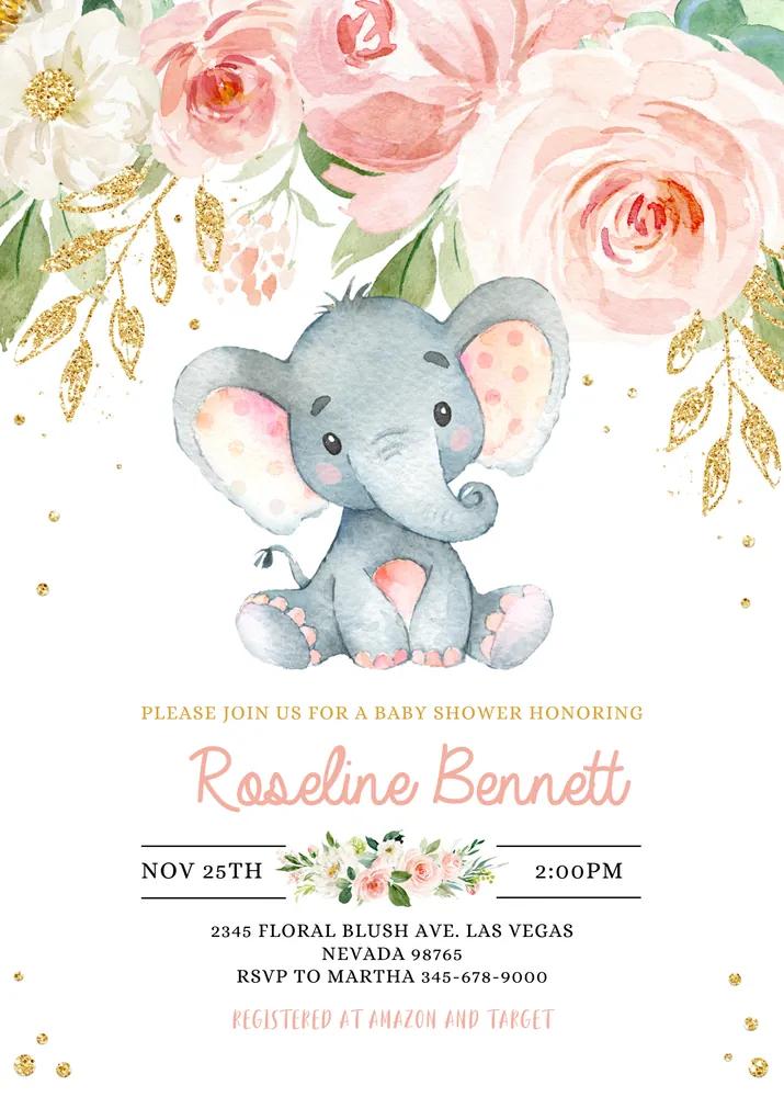 Elephant Girl Baby Shower Invitation, Pink Gold Floral Jungle Safari Canva