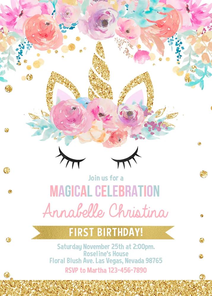 Unicorn Birthday Invitation Template | Editable Magical Party Invite Canva