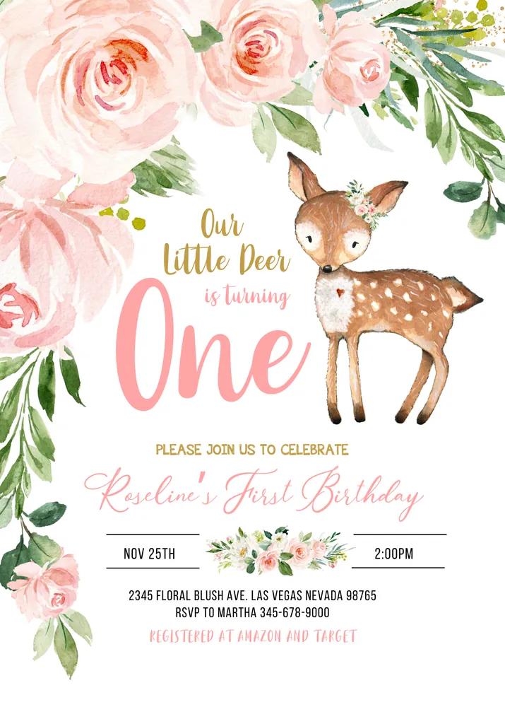 Our Little Deer First Birthday Invitation | Woodland Floral Canva Template