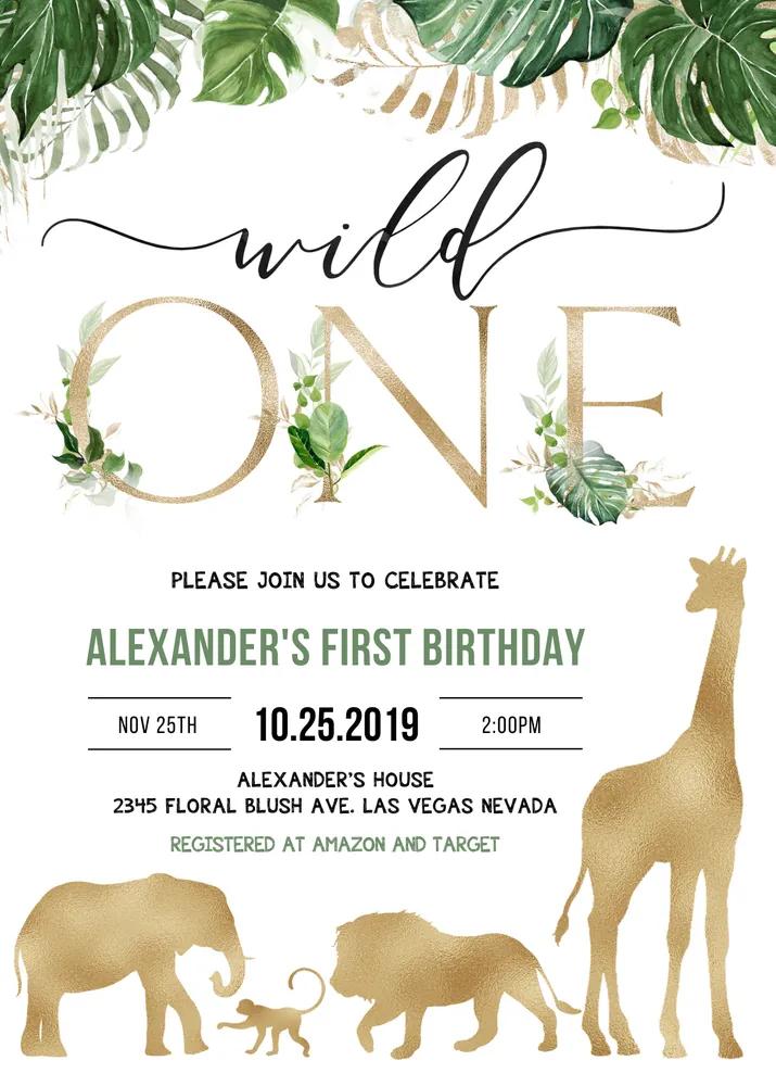 Safari Gold Jungle Boy 1st Birthday Invitation - Editable Canva Template