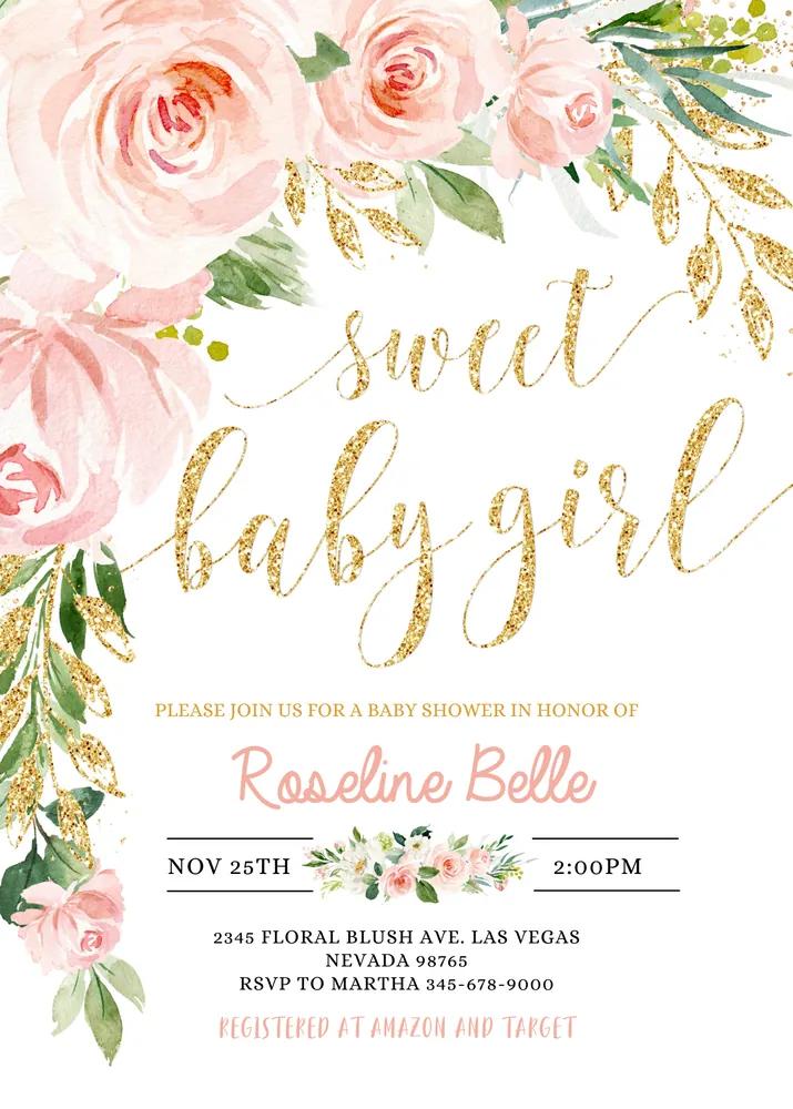 Blush Pink Floral Baby Shower Invitation Template, Editable Canva Invite