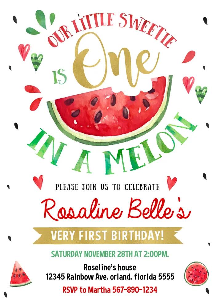 One in a Melon 1st Birthday Invitation | Editable Canva Watermelon Invite