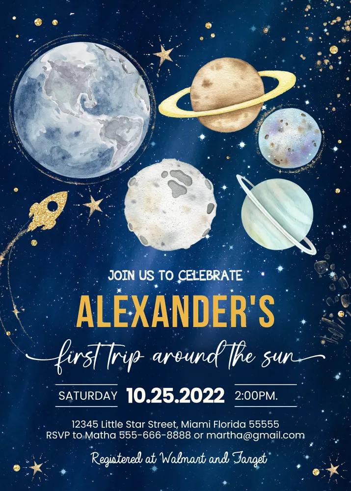 Space First Birthday Invitation Canva Template - First Trip Around the Sun