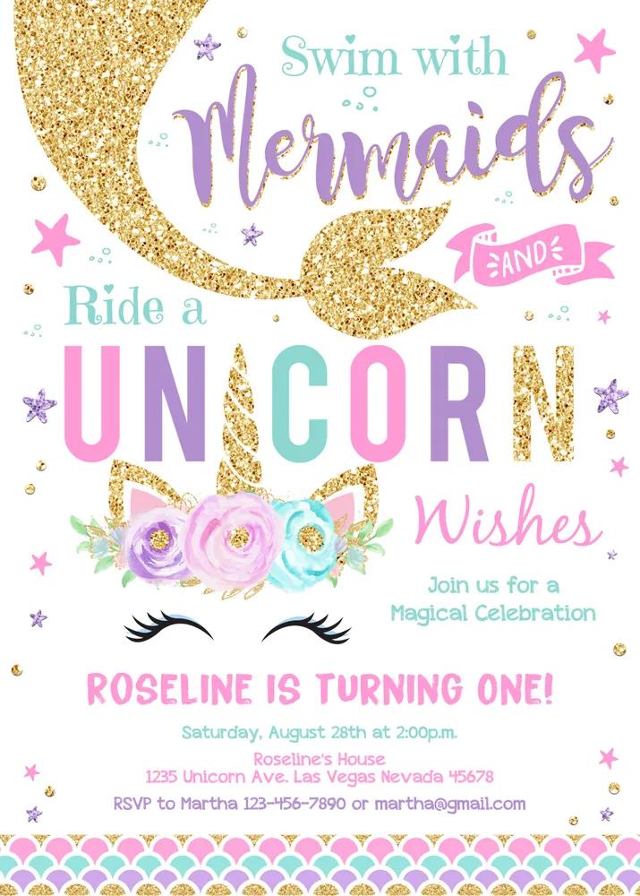Kisses and Unicorn Wishes Birthday Invitation | Editable Canva Template