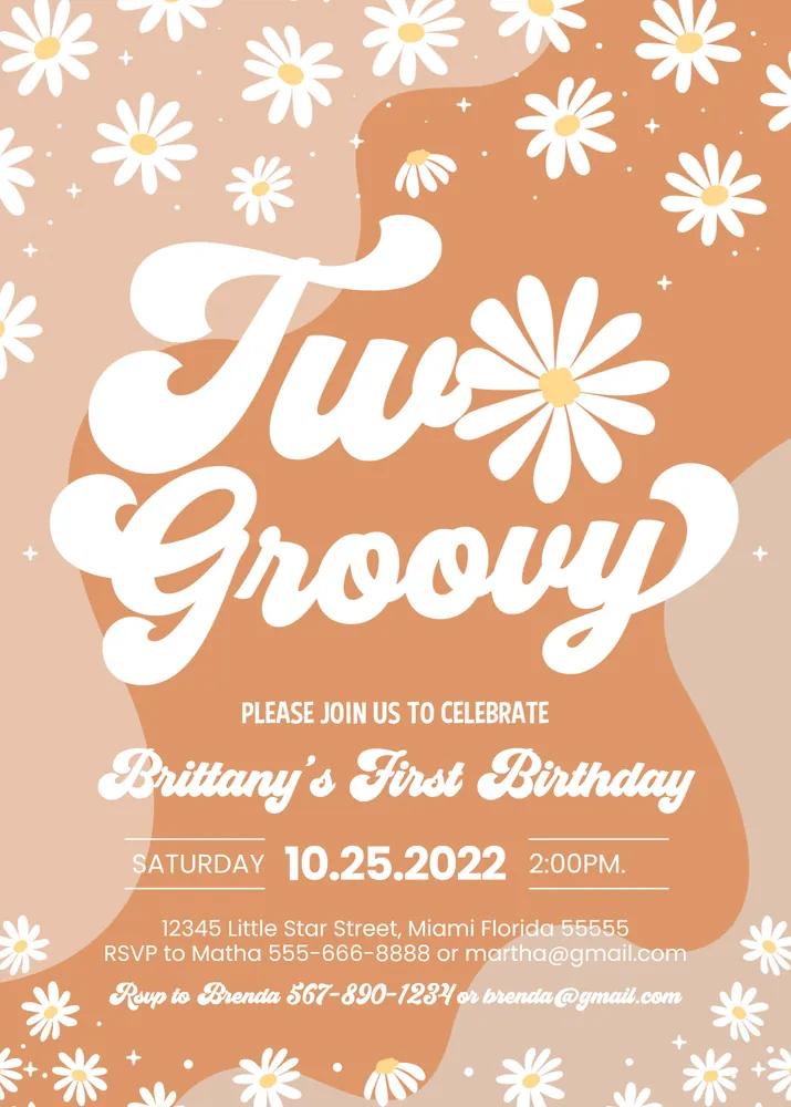 Two Groovy 2nd Birthday Invitation | Boho Retro Daisy Canva Template