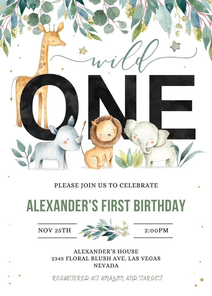 Safari Wild One 1st Birthday Invitation | Editable Canva Template