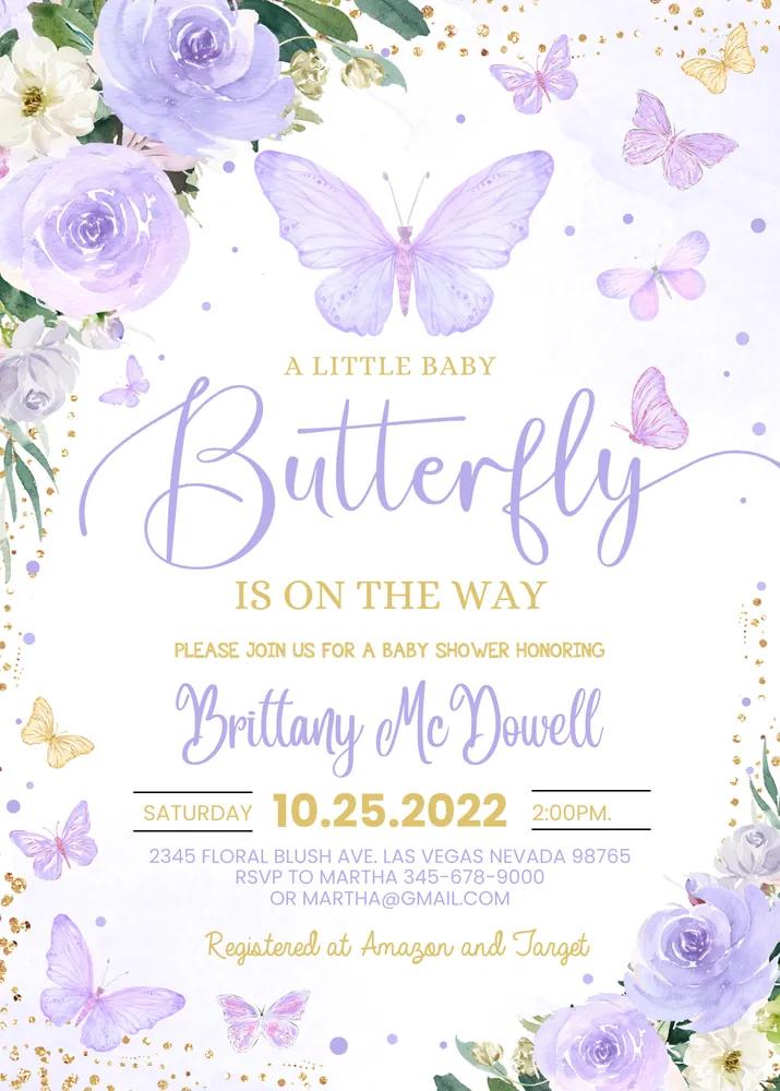 Purple Butterfly Baby Shower Invitation | Editable Canva Template Girl
