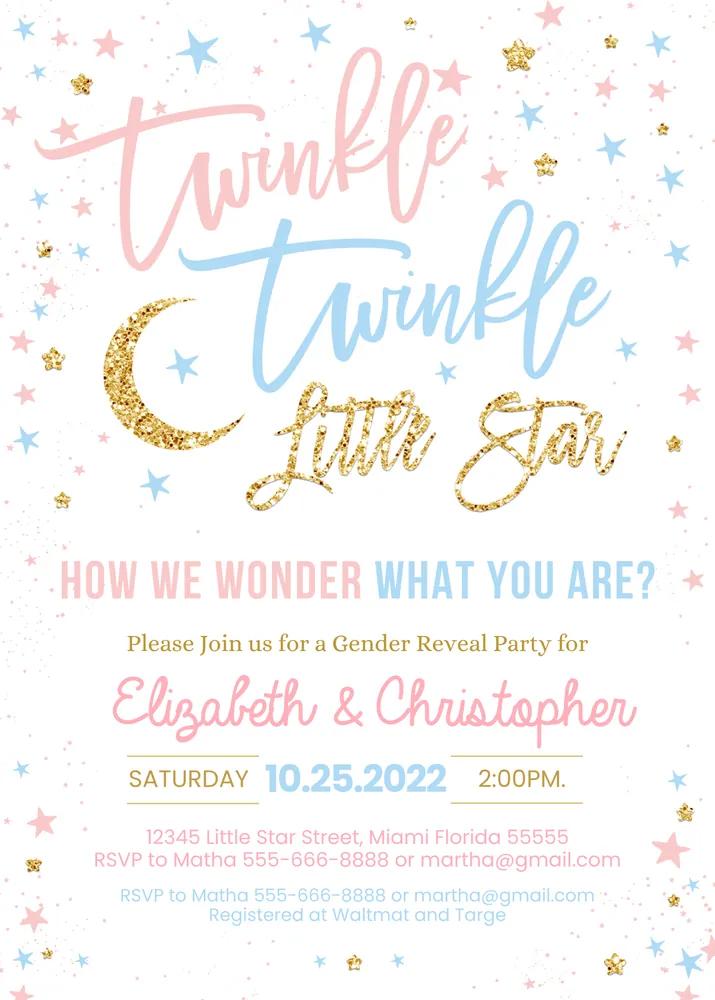 Twinkle Twinkle Little Star Gender Reveal Invitation | Canva Editable Template