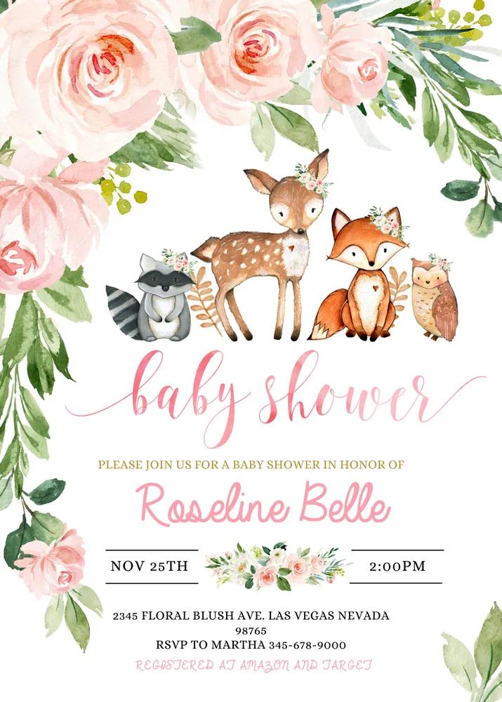 Woodland Girl Baby Shower Invitation | Editable Canva Template Forest Animals