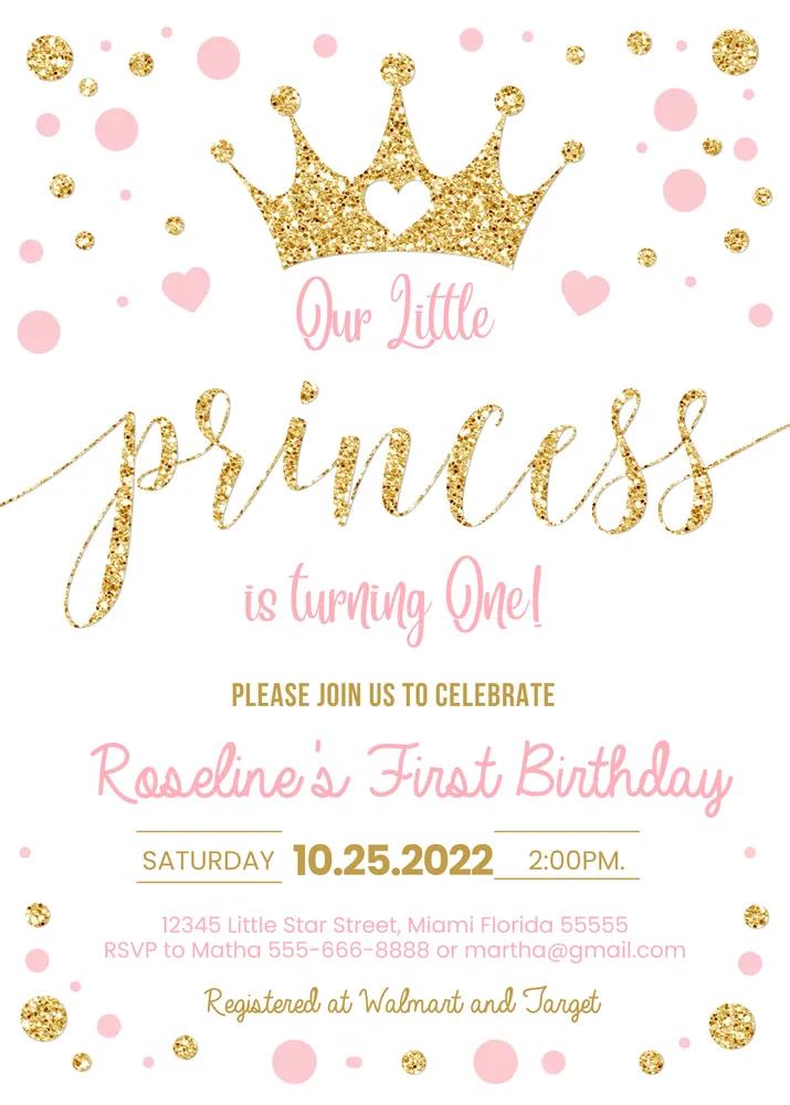 Princess Birthday Invitation | Pink & Gold Editable Canva Template | 1st Birthday