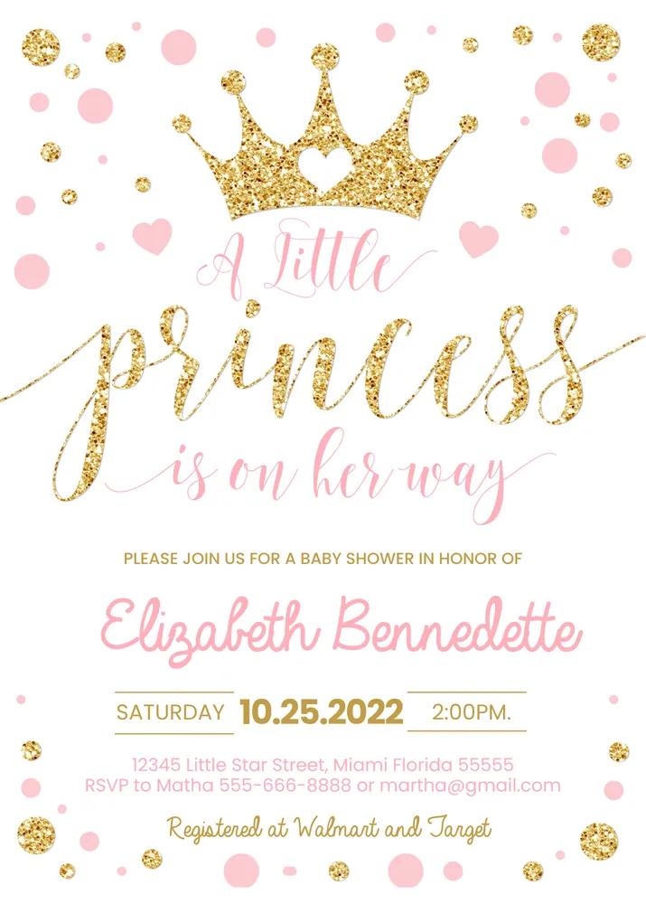 Princess Baby Shower Invitation | Editable Canva Template Pink and Gold