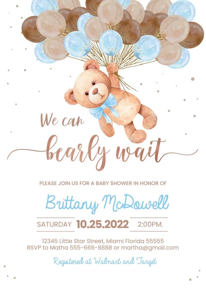 Teddy Bear Baby Shower Invitation Canva Template | Blue Bear Balloons Invite