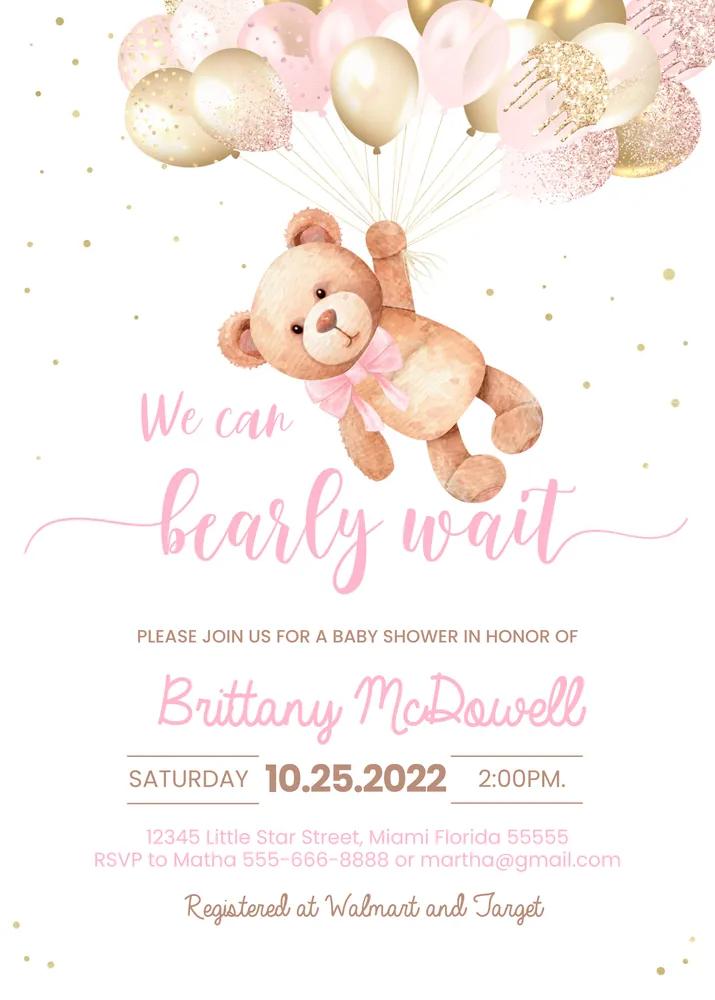 We Can Bearly Wait Baby Shower Invitation Teddy Bear Hot Air Balloon Canva