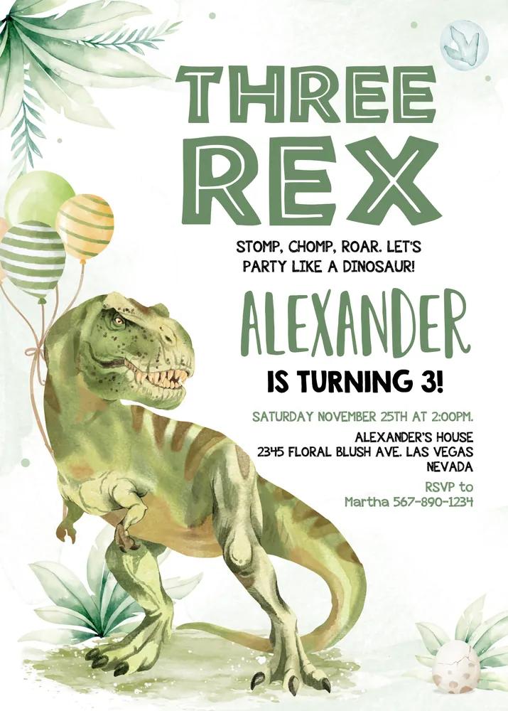 Three Rex Birthday Invitation | Editable Canva Template | Boy Dino Party Invite