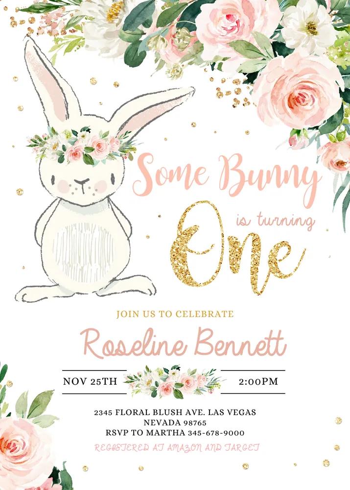 Bunny 1st Birthday Invitation | Pink Gold Floral Canva Template
