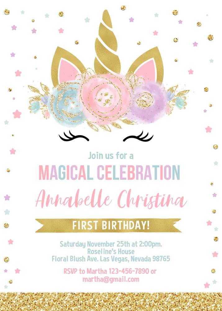 Editable Unicorn Birthday Invitation - Magical Gold Girls Party Canva Template