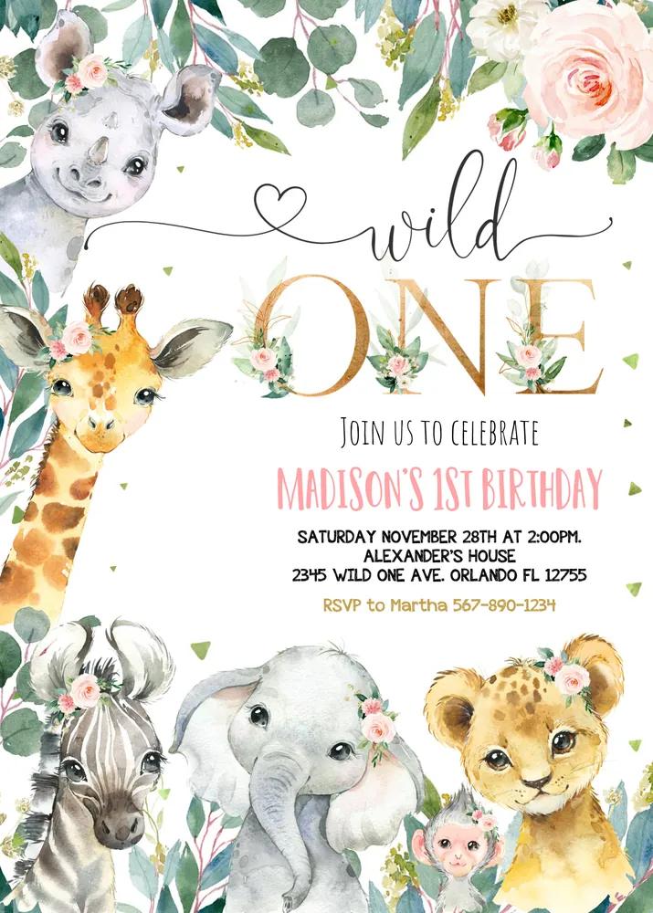 Wild One Safari Birthday Invitation Girl, Gold Jungle Animals Canva Template